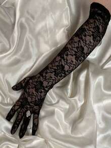 1Pair Black Lace Gloves, Elegant Tea Party Gloves, Women's Long Lace Mittens Gloves, Bridal Wedding Hand Decoration, Suitable Bachelorette Party And Wedding Decorative Gloves - 黑色 - 查看 7