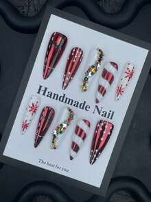 10pcs Christmas Nail Art Set, Cute Red & White Alternating With Snowflake & 3D Rhinestone Acrylic Press-On Nails, Y2K Style Long Pointed Chrome Nails, Handmade Striped Glitter False Nails, Nail Art Supplies, Red False Nails, Suitable For Girls And Women To Wear For Halloween - Red and White - View 2