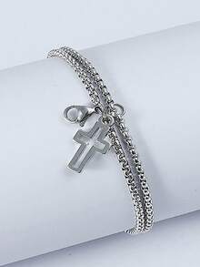 1 st ihåligt kors med dubbel kedja i titanstål för män, personligt armband med dubbla lager - Multifärgad - Visa 3