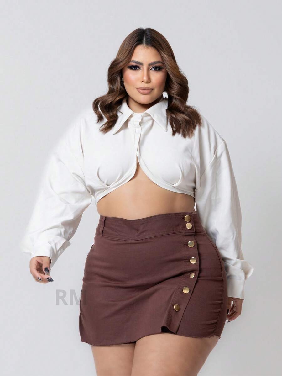 Women's Clothing Shorts Plus Size Women's Denim Skirt With Lycra Buttons On The Side - 鏽棕色 - 查看 1