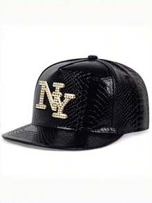 A Men's Hat With The Letters NY And Diamond-Studded Imitation Crocodile Pattern Flat-Brimmed Hat, Fashionable And Versatile Baseball Cap, Rock Dance Hip-Hop Hat, Women's Charming Street Hat, Unisex, Adjustable Head Circumference, Suitable For Daily Use