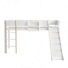 Bunk Bed, Bunk Bed With Three-Step Straight Ladder, Children's Bed, Youth Bed With Slide, With Pull-Out Shelf, Pine+MDF, White+Natural, 90x200cm - White - View 1