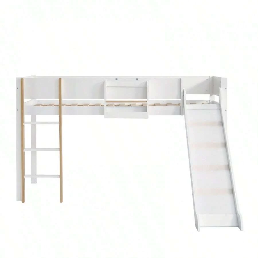 Bunk Bed, Bunk Bed With Three-Step Straight Ladder, Children's Bed, Youth Bed With Slide, With Pull-Out Shelf, Pine+MDF, White+Natural, 90x200cm - White - View 1