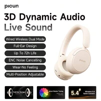 Picun Picun B5 Wireless Headphones, Wireless 5.4, ENC Noise Cancellation, 72 Hours Of Gaming Time, Detachable Design, Portable, Suitable For Travel, Home, Office, And PC