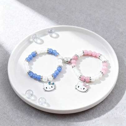 Sanrio 2pcs/Set Hello Kitty Magnetic Couple Bracelets, Blue & Pink Beaded Cartoon Friendship Bracelets, Couples's Bracelet, Holiday Gift