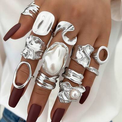 12/6pcs Set Elegant Vintage Delicate Party Style Faux Pearl Ruffle Geometric Metal Rings Set, Geometric Line Design Suitable For Women Daily, Party, Vacation Wear, Versatile Stackable, Perfect Gift For Holidays