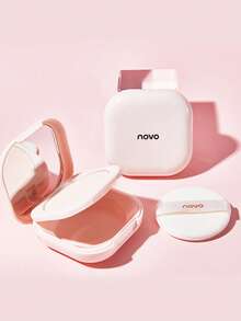 NOVO 防水、控油、持久哑光羽毛缎面奢华粉饼，不会结块，遮盖瑕疵，细致毛孔