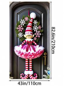 1 Stück festlicher rosa Weihnachtself Türbanner, charmanter Stil Polyester rechteckige Türdekoration mit Schneeflocken-Kranz & gestreifter Mütze Details, vielseitig verwendbares Outdoor Feiertags-Banner für Haus, Veranda, Rasen, Gartendekoration, ideal für Weihnachtsfeiern, Neujahrsereignisse & winterliche Saison-Displays (90x180cm)