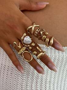 12pcs/Set Creative Fashion Multi-Element Metal Hollow Geometric Liquid Abstract Teardrop Design Open Rings, Vintage Bohemian Baroque Style Faux Pearl Decor Ring Set, Women Fashion Jewelry Set, Suitable For Daily Wear, Beach Vacation And Various Parties [Some Rings Are Open But Not Adjustable, Please Do Not Forcibly Bend Them Otherwise They Will Break, Sizes Are Marked] - Gold - View 3