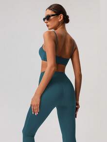 Women's Solid Color Thick Sports Bra & Yoga Leggings 2 Pieces Set, Minimalist Design For Fitness Training Summer - 寶藍色 - 查看 4