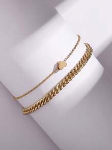 Tkool 2 件套脚链套装，心形吊坠基本款链条脚饰，适合旅行和日常佩戴 - 金黃色 - 查看 2