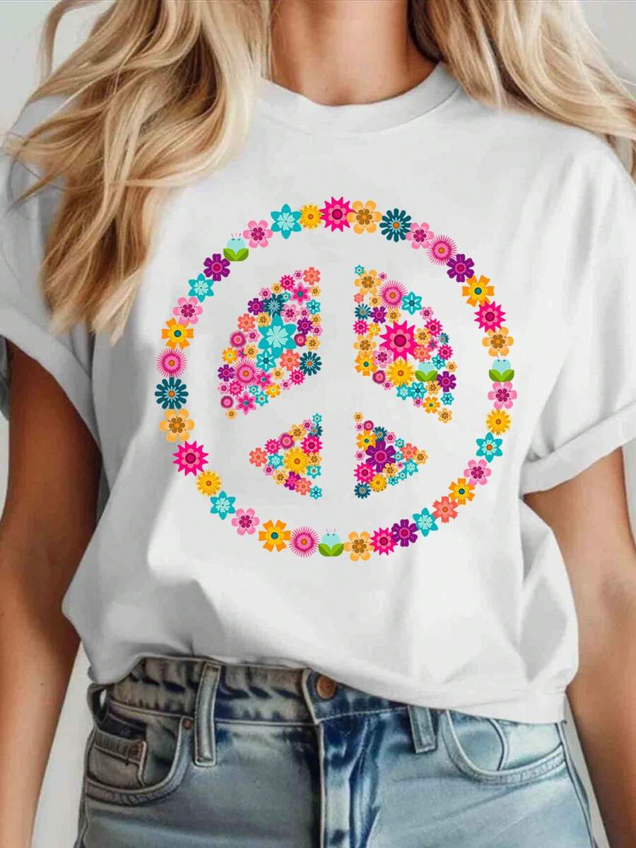 Flower Power Peace Sign T-Shirt For Women - Colorful Floral Peace Symbol Design, Casual Summer Top, Hippie Style Graphic Tee, Perfect For Music Festivals, Yoga, And Everyday Wear - 白色 - 查看 1