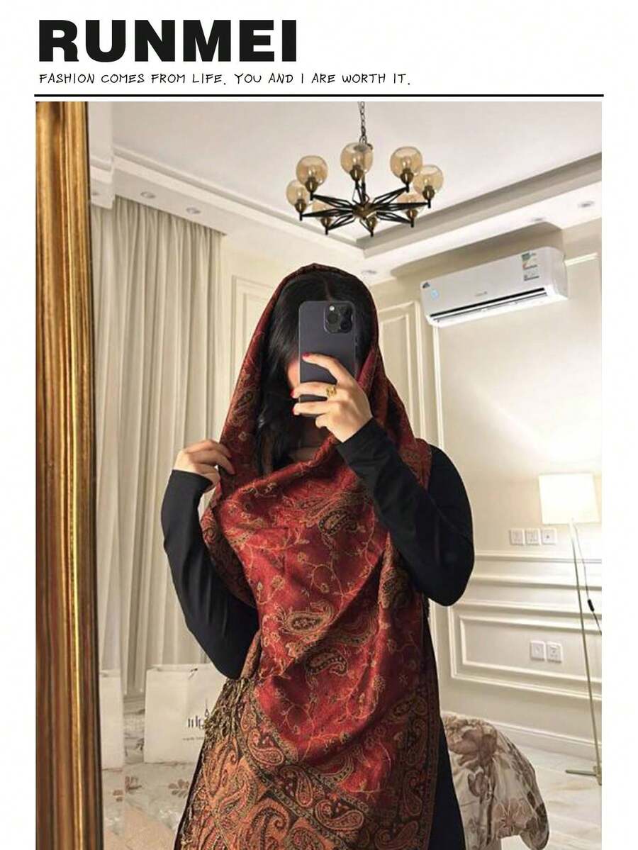 1件女士时尚保暖腰果图案印花围巾，经典佩斯利花纹头巾和披肩，可搭配长袍和连衣裙