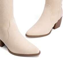 Knee High Boots Women, Pull On Zipper Chunky Heel Pointed Toe Embroidered Western Cowgirl Cowboy Boots Christmas Fall - 米色 - 查看 4