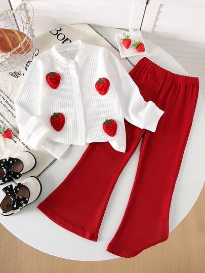 2pcs Girls Autumn Winter Outfit, Includes Strawberry Embroidered Crew Neck Long Sleeve Ribbed Top And Solid Color Flared Ribbed Pants, Stylish Casual Clothes Set