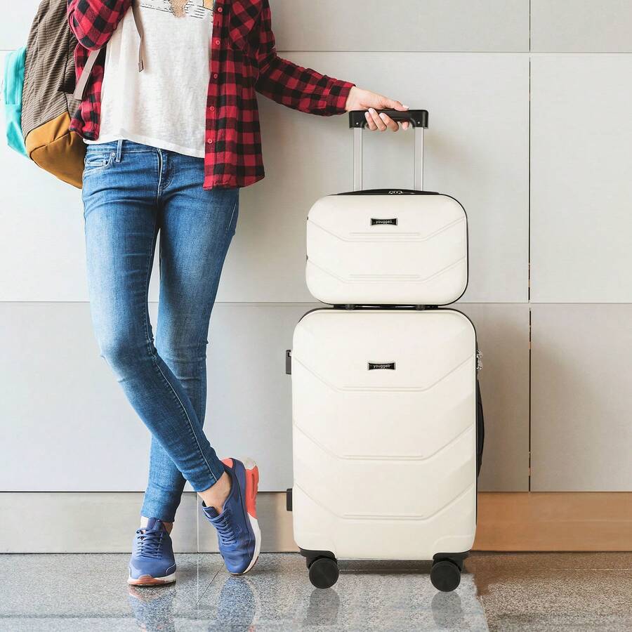 YOUGGELI 13英寸+20英寸硬壳行李箱套装，轻便拉杆箱，带USB充电口、可折叠杯架、侧钩和手机支架，硬壳行李箱配有TSA海关锁，防刮擦，男女通用旅行箱，拉杆箱，旋转拉杆箱，硬壳行李箱，带轮行李箱，女士旅行必备，适合度假、商务出行，大容量旅行必备，旅行配件，旅行收纳整理，旅行用品 - 白色 - 查看 1