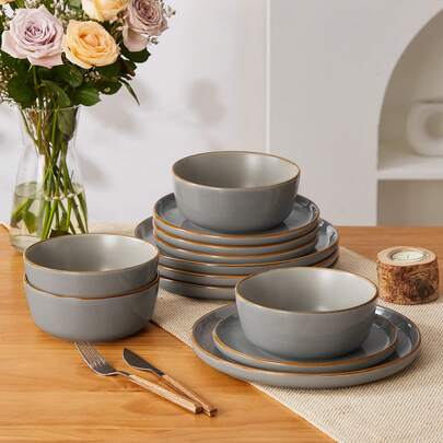 vancasso 12 Pieces Porcelain Dinnerware Set, Grey, Dinner Plate, Dessert Plate And Bowl Set For 4 Person