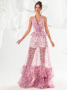 VIPGIRL Elegant Women's Pink Floral Spaghetti Strap Multi-Layer Tulle Backless Maxi Dress, Exquisite Evening Gown, Suitable For Formal Occasions - Pink - View 1