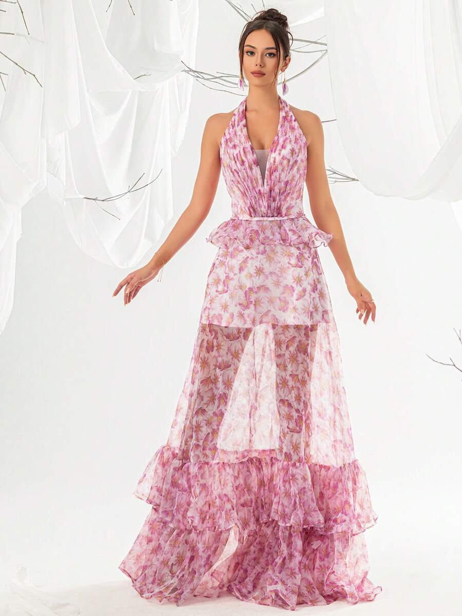 VIPGIRL Elegant Women's Pink Floral Spaghetti Strap Multi-Layer Tulle Backless Maxi Dress, Exquisite Evening Gown, Suitable For Formal Occasions - Pink - View 1