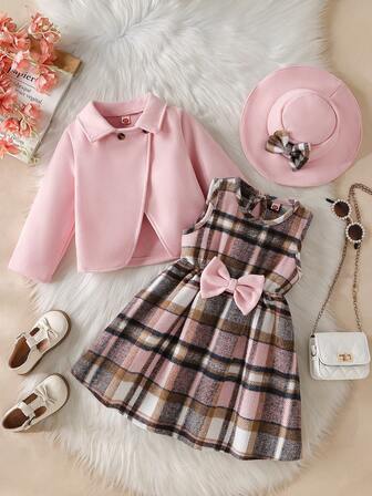 3pcs Girls Casual Cute Warm Set: Minimalist Fashionable Pink Wool Warm Jacket + Plaid Bow Tie Dress + Bow Tie Wool Hat