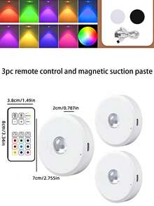 3 luzes recarregáveis para armários com controle remoto, 9 cores RGB, reguláveis, modos suave e intermitente, luminária magnética para armários, prateleiras, decoração de parede