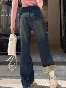 街头风直筒斜插口袋加厚牛仔保暖低腰牛仔裤，秋冬保暖裤，Y2K音乐节必备