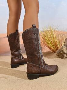 优雅的女士时尚靴子，绣花西部靴，高跟绣花西部靴，时尚绣花牛仔靴，秋冬中筒平底靴，白色、棕色和黑色 - 咖啡棕 - 查看 7