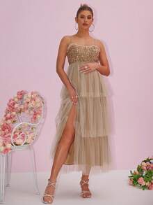 Shiny Patchwork Mesh & Sequin Layered Maternity Dress - Champagne - View 5