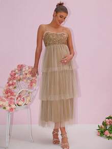 Shiny Patchwork Mesh & Sequin Layered Maternity Dress - Champagne - View 2