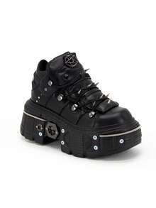 女士平底朋克踝靴，黑色圆头高跟运动鞋，厚底软底摇滚踝靴，系带休闲橡胶滑板鞋 - 黑色 - 查看 18