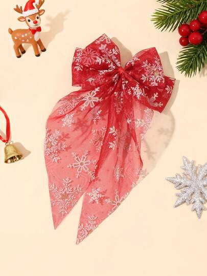 1 Stück Weihnachts-Schneeflocken bedruckter Haarclip für Mädchen, roter glänzender Schleifenclip, bezaubernder Weihnachts-Dress-up Haarclip, Feiertags-Party, glänzende Haarspangen, süße Weihnachts-Haarnadeln, Haaraccessoire für Teenager