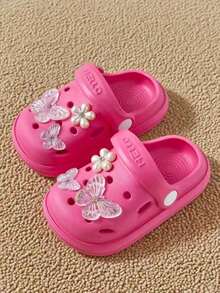 HAHABOBO 1 Pair Fashion New Girls Summer Slippers, EVA Material, Decorated With 3D Pearls And Butterflies, Lightweight And Soft, Closed Toe Design, Suitable For Indoor And Outdoor Wear, Ideal For School, Swimming Pool, Party, Beach, Christmas, Travel And Other Occasions - Red - View 3