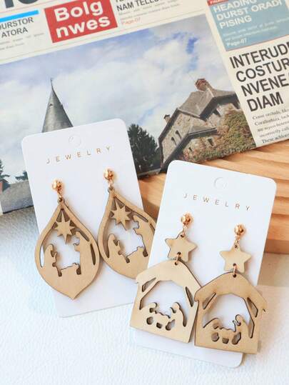 1 Pair Vintage Christmas Nativity Manger Birth Of Jesus Wooden Earrings, Religious Teardrop Earrings With Bethlehem Star Jesus Birth Design, Holiday Gift Earrings