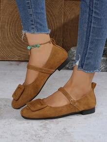 Women's Buckle Decor Simple Ballet Flats, Fashionable Elegant Mary Jane Shoes, Spring/Autumn, Autumn/Winter, All Season, Classic Versatile, Soft & Comfortable - Brown - View 3