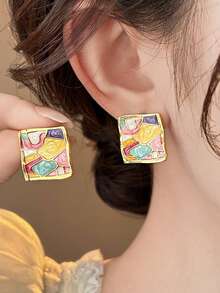 Pendientes cuadrados de esmalte colorido estilo bohemio, pendientes geométricos vintage con baño de oro, perfectos para vacaciones, uso diario y fiestas