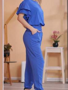 Women's Two-Sleeved Ruffled Shirt And Cropped Pants - 寶藍色 - 查看 4