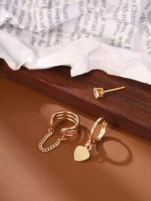 Tkool 3pcs/Set Heart Shaped Copper Alloy Ear Cuff Earrings, Simple Design Earring Set For Women - Yellow Gold - View 5