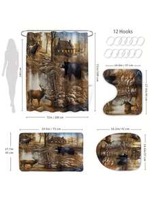 4-Piece Bear & Deer Scenic Decor Bathroom Set, Waterproof Shower Curtain With 12 Hooks, Non-Slip Bath Mat, U-Shaped Toilet Mat, Toilet Lid Cover, Bathroom Decor