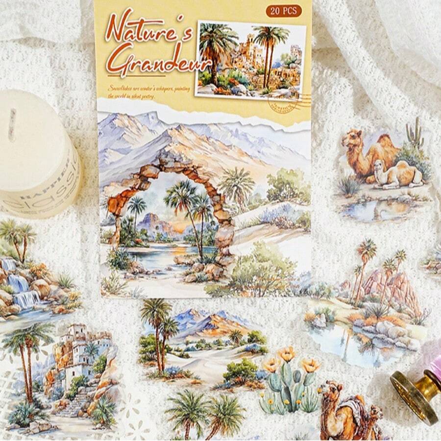 20 张/包复古山河主题贴纸，创意美学装饰贴纸，DIY 剪贴簿工艺材料，节日礼物，个性化文具用品