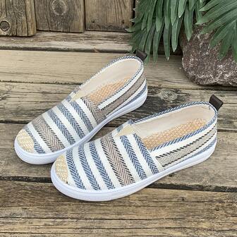 女士条纹休闲编织平底鞋，户外服装，春秋季