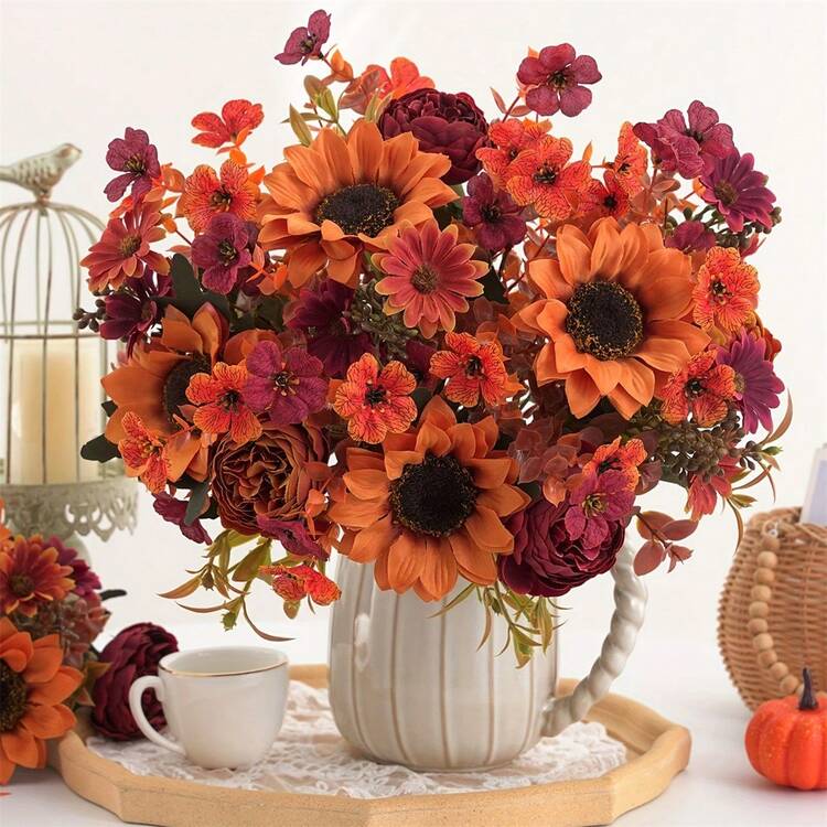4 piezas de arreglo floral de girasol artificial, arreglo floral realista de otoño, ramo de peonías y margaritas en jarrón vintage, decoración otoñal para el hogar, Halloween, Acción de Gracias, festival de la cosecha. - Multicolor - Añade 3