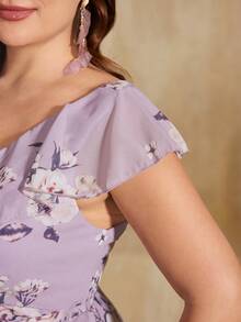 UNITHORSE Non-Positioning Flower V-Neck Ruffle Collar Detachable Tie Asymmetrical Ruffle Hem Printed Bridesmaid Dress - Purple - View 5