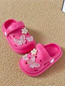 HAHABOBO 1 Pair Fashion New Girls Summer Slippers, EVA Material, Decorated With 3D Pearls And Butterflies, Lightweight And Soft, Closed Toe Design, Suitable For Indoor And Outdoor Wear, Ideal For School, Swimming Pool, Party, Beach, Christmas, Travel And Other Occasions - Red - View 2