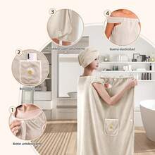 Toallas de Baño,Set de Bata de Baño Mujer Toalla Grandes con Toalla Microfibra para Cabello,Suaves y Cómodo,Fuerte Absorción de Agua y Secado Rápido,para SPA,Sala de Vapor,Uso Diario - Beis - Ver 11
