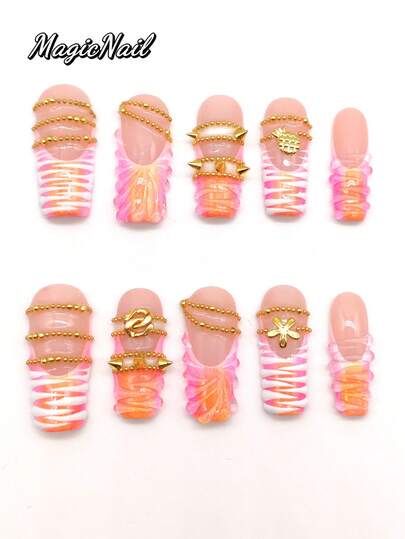 10 Pieces Of Pure Handmade Pressed Wearable Nail, 33mm Long Nail Plate, Flesh-Colored Purple-Yellow Gradient, Hand-Painted White Raised Lines, Transparent Raised Lines Contrasting Colors, Golden Small Round Ball Chain With Golden Pineapple Golden Petal Necklace, Other Golden Accessories. Summer And Autumn Style, Suitable For Daily Leisure And Vacation, Dancing, Banquets, Parties, Shows And Other Activities.