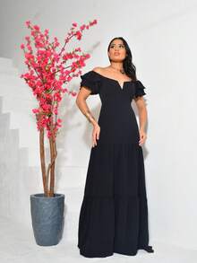Long Off-The-Shoulder Dress With Ruffles, V-Neckline, Elegant, Charming Sleeves - negro - Ver 5