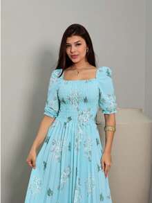 Vestido Midi Feminino estampado crepinho Manga Curto Cintura Alta Plissada