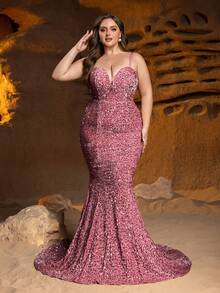 优雅大码女士正式晚礼服，细肩带和美人鱼裙，闪亮装饰点缀 - 非常适合盛大婚礼、高端慈善晚会、著名颁奖典礼、豪华生日宴会和红毯活动 - 藕粉色 - 查看 3