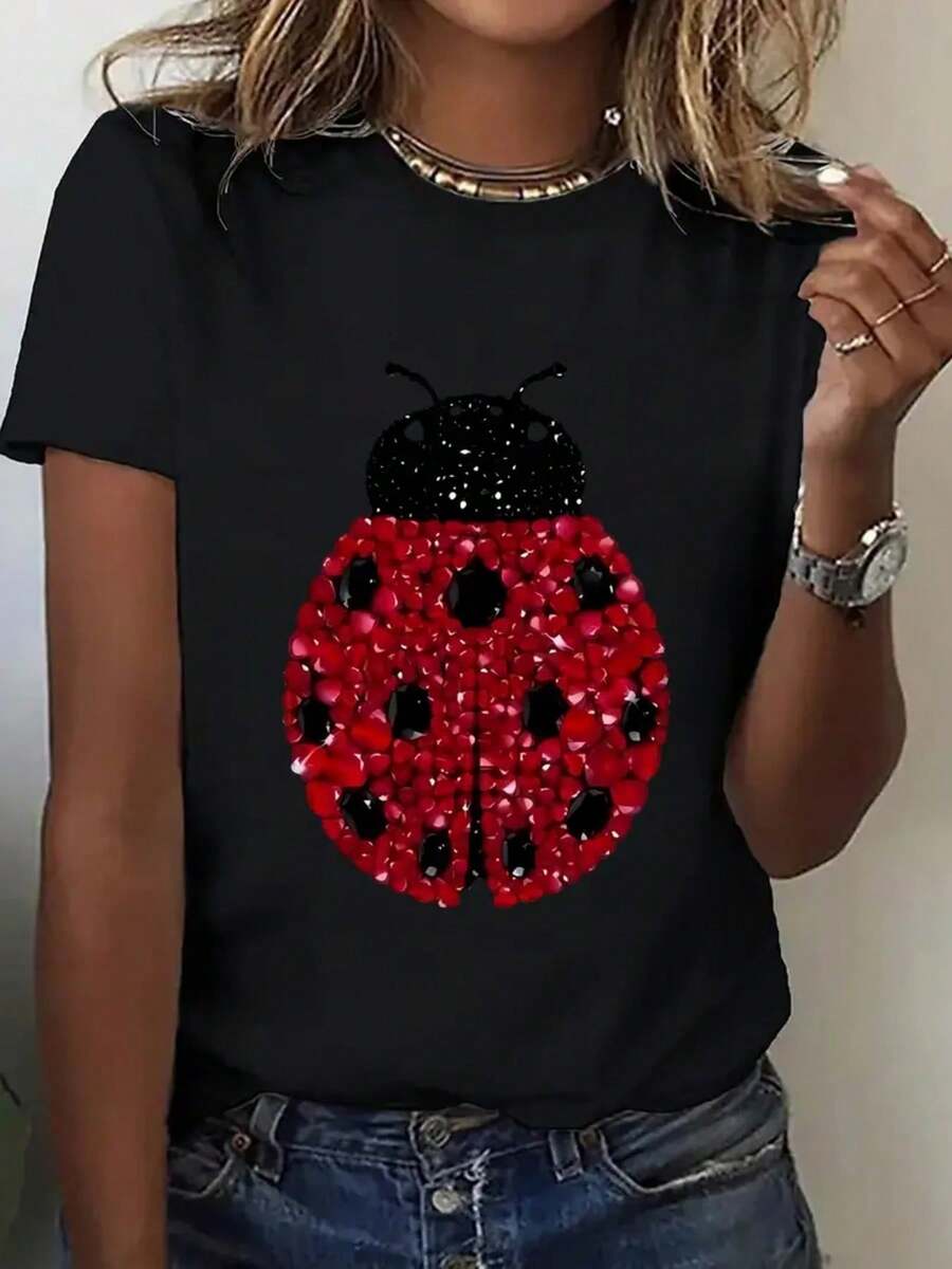 Women's Ladybug & Ladybug-Like (Coccinella) Print T-Shirt - Short Sleeve Round Neck Casual Blouse, Machine Washable Spring Summer Fall Versatile Top For Casual Attire, Parties & Events - Non- Comfortable Fit - Black - View 1