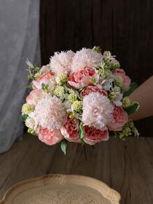 MEHELANY 1束粉色仿真牡丹花束，仿牡丹，丝质仿真菊花花束，适合作为女士礼物、家居装饰、生日派对中心摆设、桌面摆件、花瓶插花、室内外节日派对装饰、DIY新娘捧花、婚礼仿真花卉装饰 - 粉色 - 查看 5